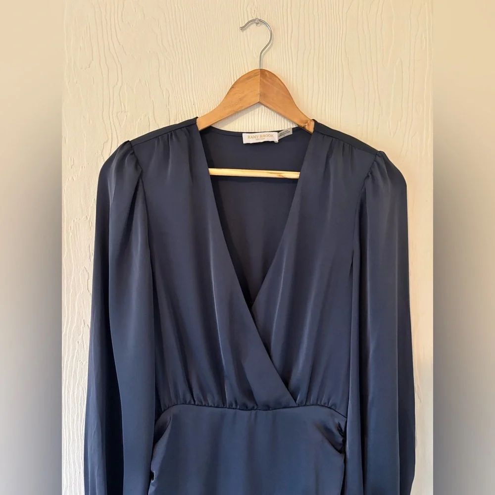 Ramy Brook Foxy Satin Navy Blue Ruched Long Sleeve V Neck Side Zip Mini Dress - Picture 7 of 15